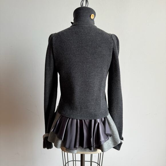 SACAI JAPAN Dark Gray Wool Zipper-Front Layered Grunge Sweater w Funnel Neck - Picture 3 of 11